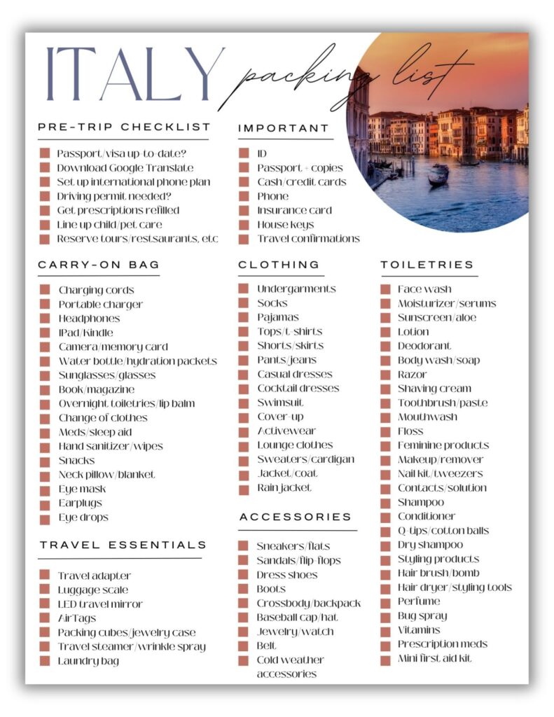 Editable Italy Packing Checklist