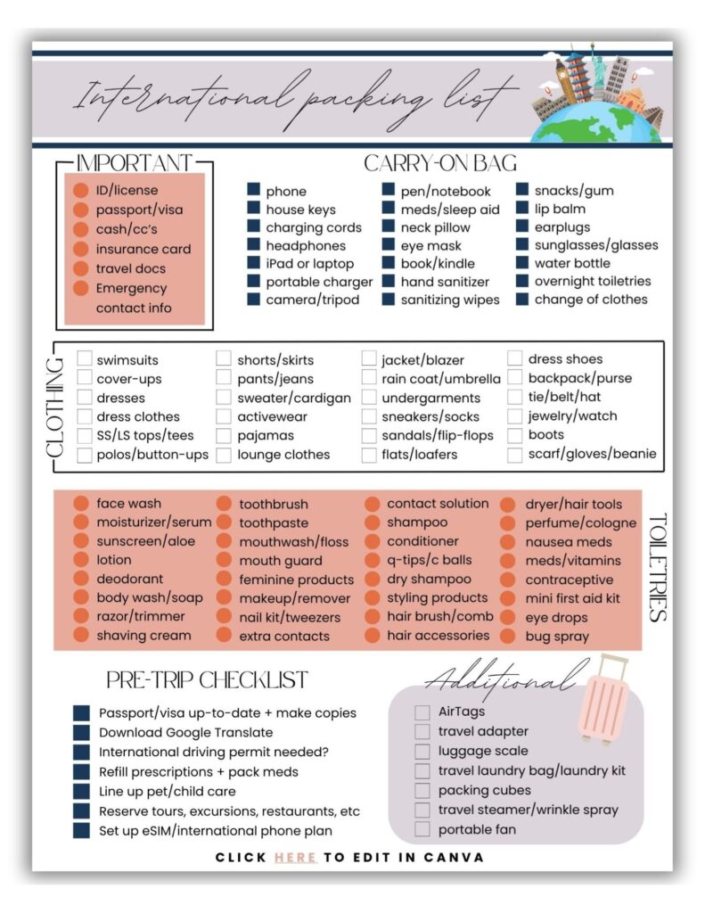 International packing checklist
