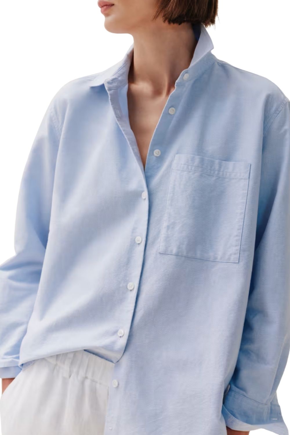 Women's long sleeve button down shirt in light blue